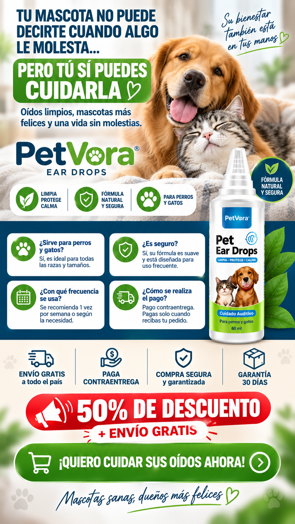 PetVERO® Ear Drops - Gotas Limpiadoras de Oídos para Perros y Gatos