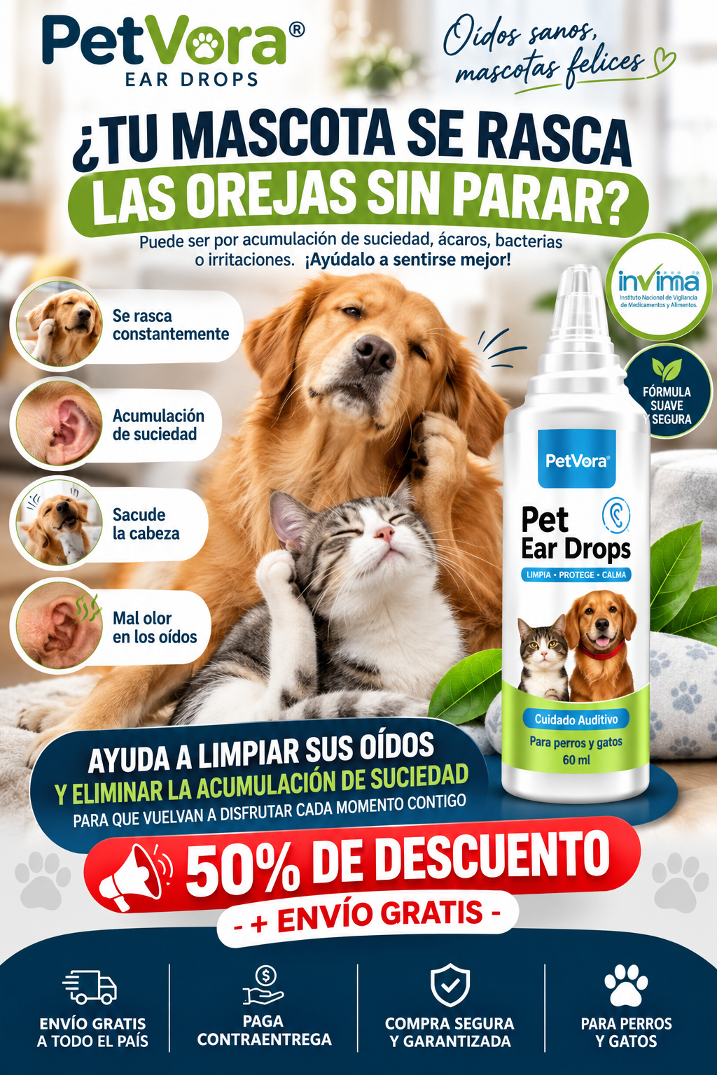 PetVERO® Ear Drops - Gotas Limpiadoras de Oídos para Perros y Gatos