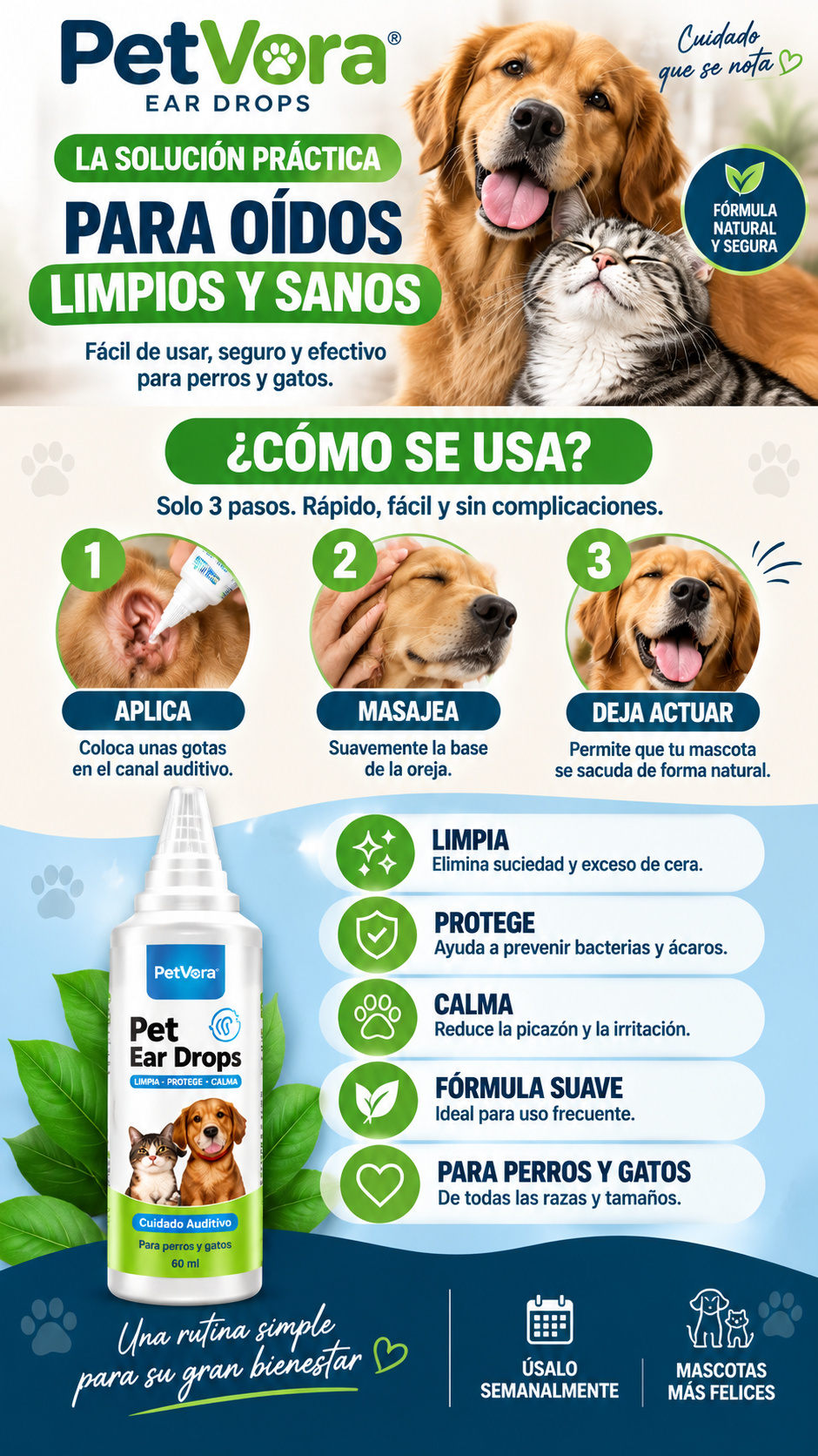 PetVERO® Ear Drops - Gotas Limpiadoras de Oídos para Perros y Gatos